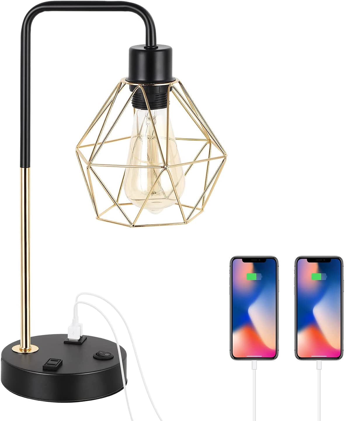 Industrial Desk Lamp With 2 Usb Charging Ports, Ac Socket Edison Reading Light