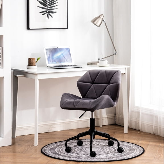 Gray Velvet Office Chair with Metal Base and Casters / Stable and Mobile Seating