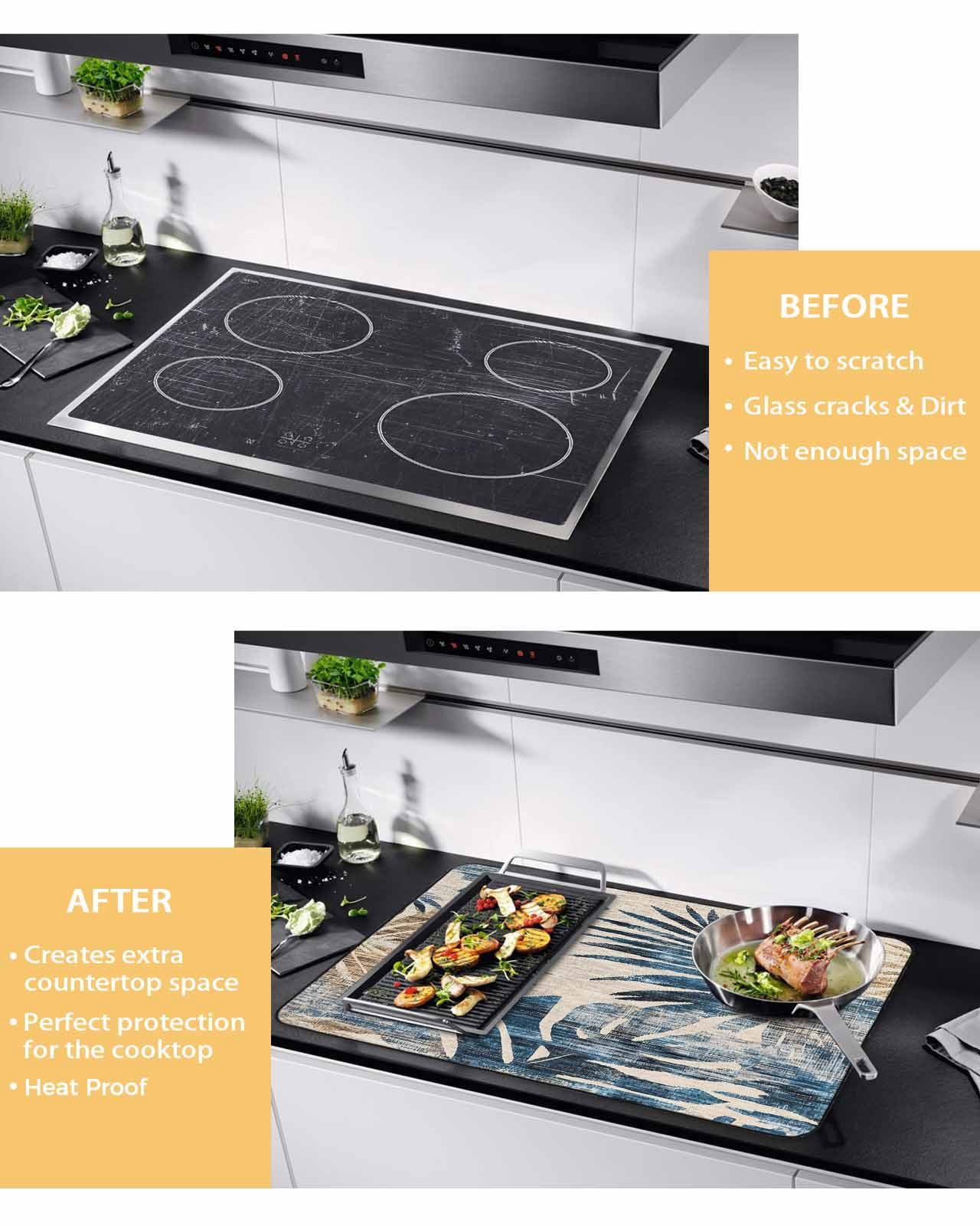 nqOlkjepod Large Induction Cooktop Protector Mat 24"x21", Blue Brown Palm Leaf Stove Top Covers for Electric Stove, Farmhouse Summer Botanical Stove Burner Cover Mats, Glass Top Stove Cover