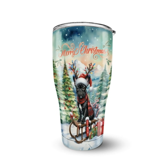 Merry Christmas Santa Reindeer Antlers French Bulldog Sleigh Xmas Winter Holiday 30oz Stainless Steel Tumbler Insulated Cup with Lid Dog Lover Gifts - 00023