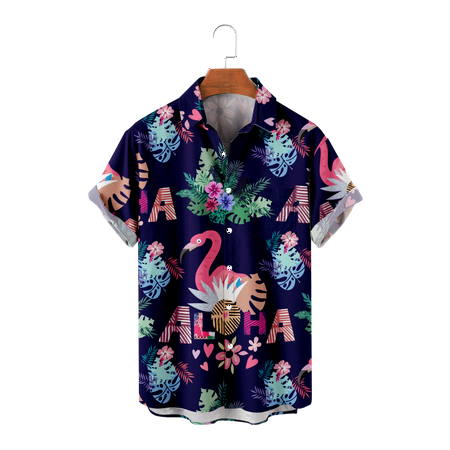 

MLFU Family Matching Casual Button-Down Short Sleeve Shirts Regular Lapel Flamingo Print T-Shirts Front-Pocket Costume for Boys 5-14 Years
