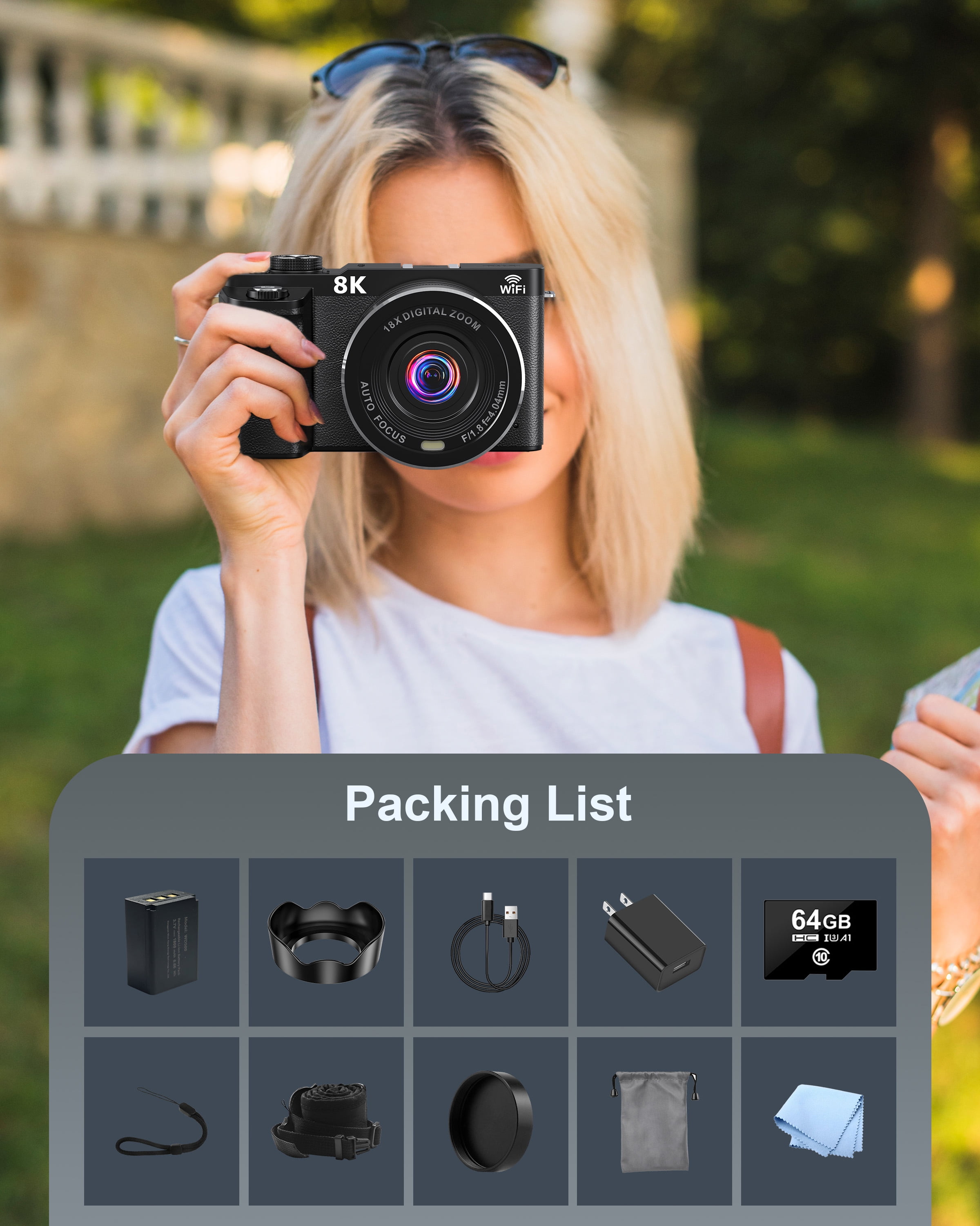 MARVUE 8K Digital Cameras for Photography WiFi Autofocus 88MP 18X Zoom Vlogging Camera for Youtube with 3" 180° Flip Screen, 64GB Card