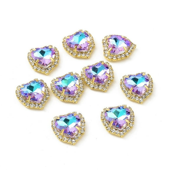 20 pc Heart Sew on Rhinestone Faceted Glass Rhinestone Multi-Strand Links with Golden Tone Brass Rhinestone Settings Vitrail Light 17x16x6mm Hole: 1mm