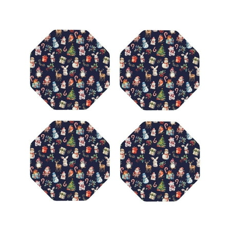 

Junzan Christmas Critters Delight Print Coasters for Drinks - Leather Coasters Set of 4 for Coffee Table for Housewarming/Kitchen/Bar/Decor-Octagon