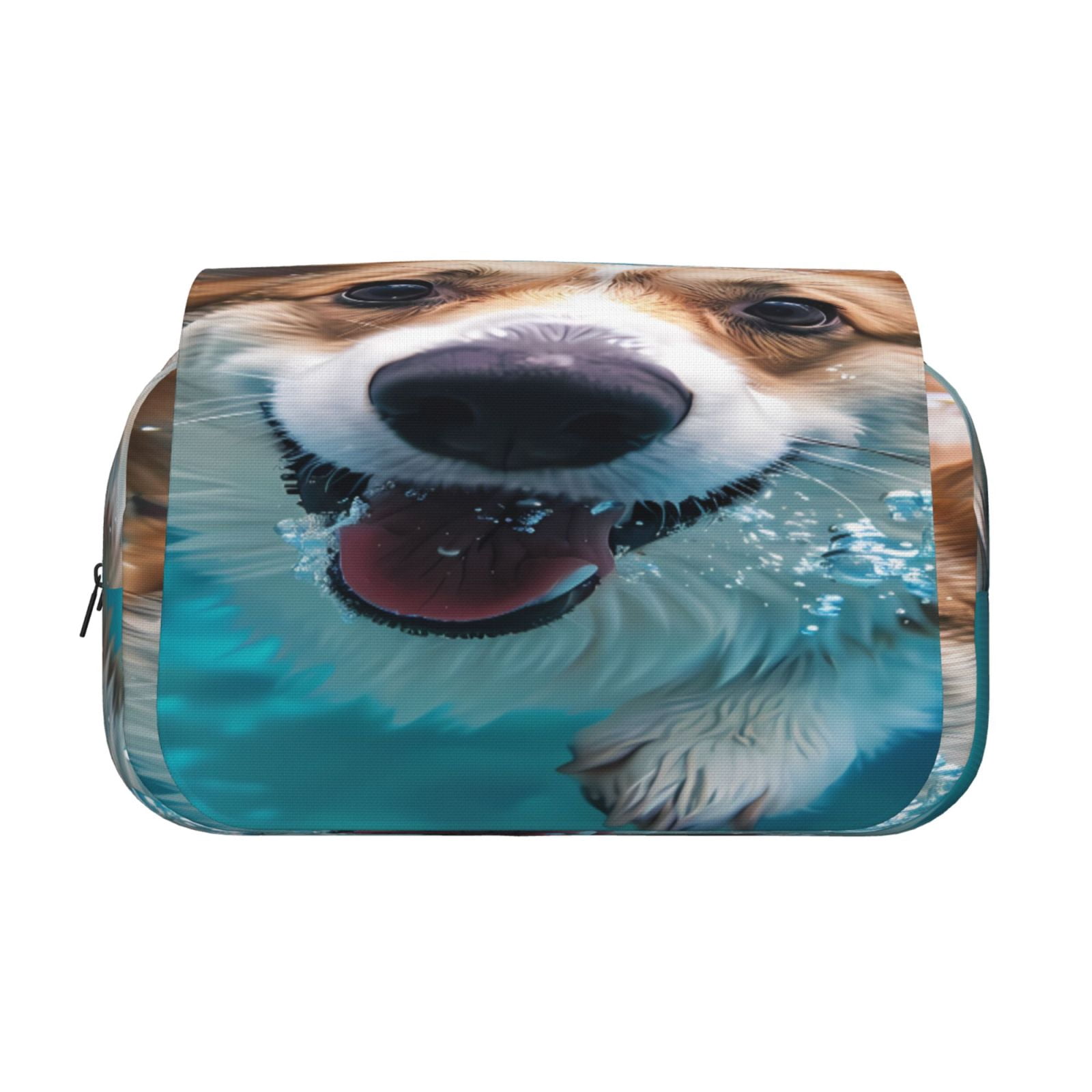 Rateoe Sea Swimming Corgi Pattern Double Clamshell Pen Case, Storage Organizer with Two Zipper Compartments– Holds Up to 50 Pencils & Pens