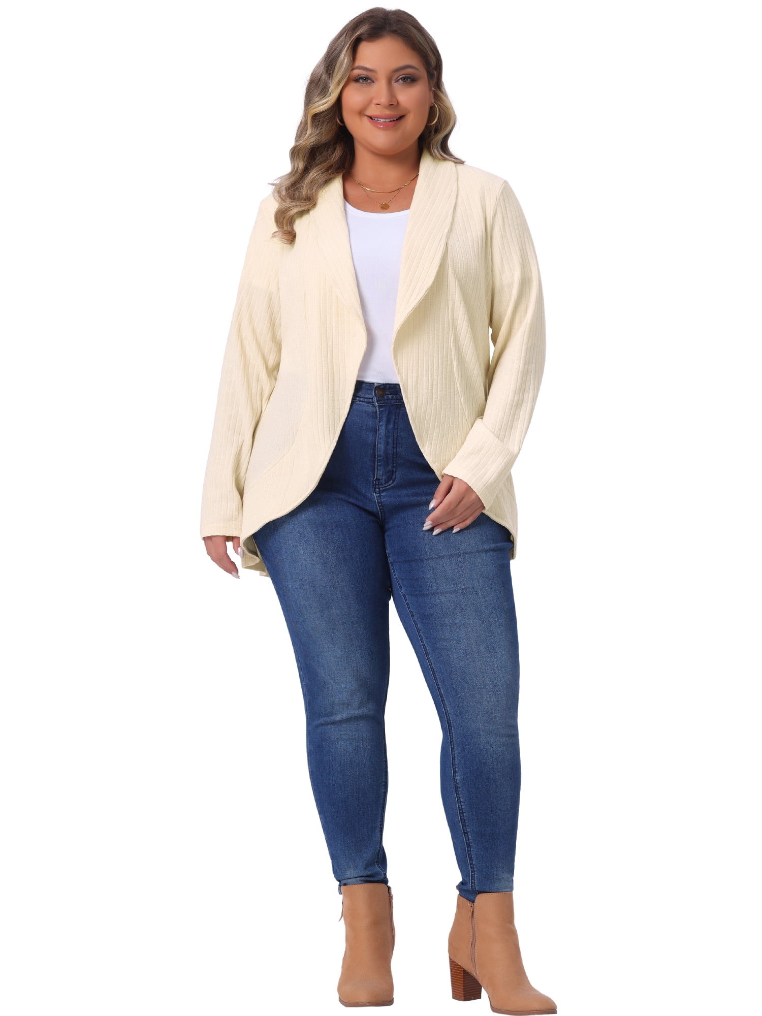 DARING DIVA Women's Plus Size Lapel Open Front Irregular Hem Knit Cardigan 4X Beige