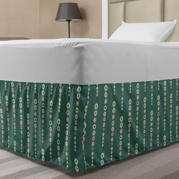 Muted Colors Bed Skirt, Pastel Repetitive Pattern with Vertical Order Rounds, Elastic Bedskirt Dust Ruffle Wrap Around for Bedding Decor, 4 Sizes, Laurel Green Multicolor, by Ambesonne