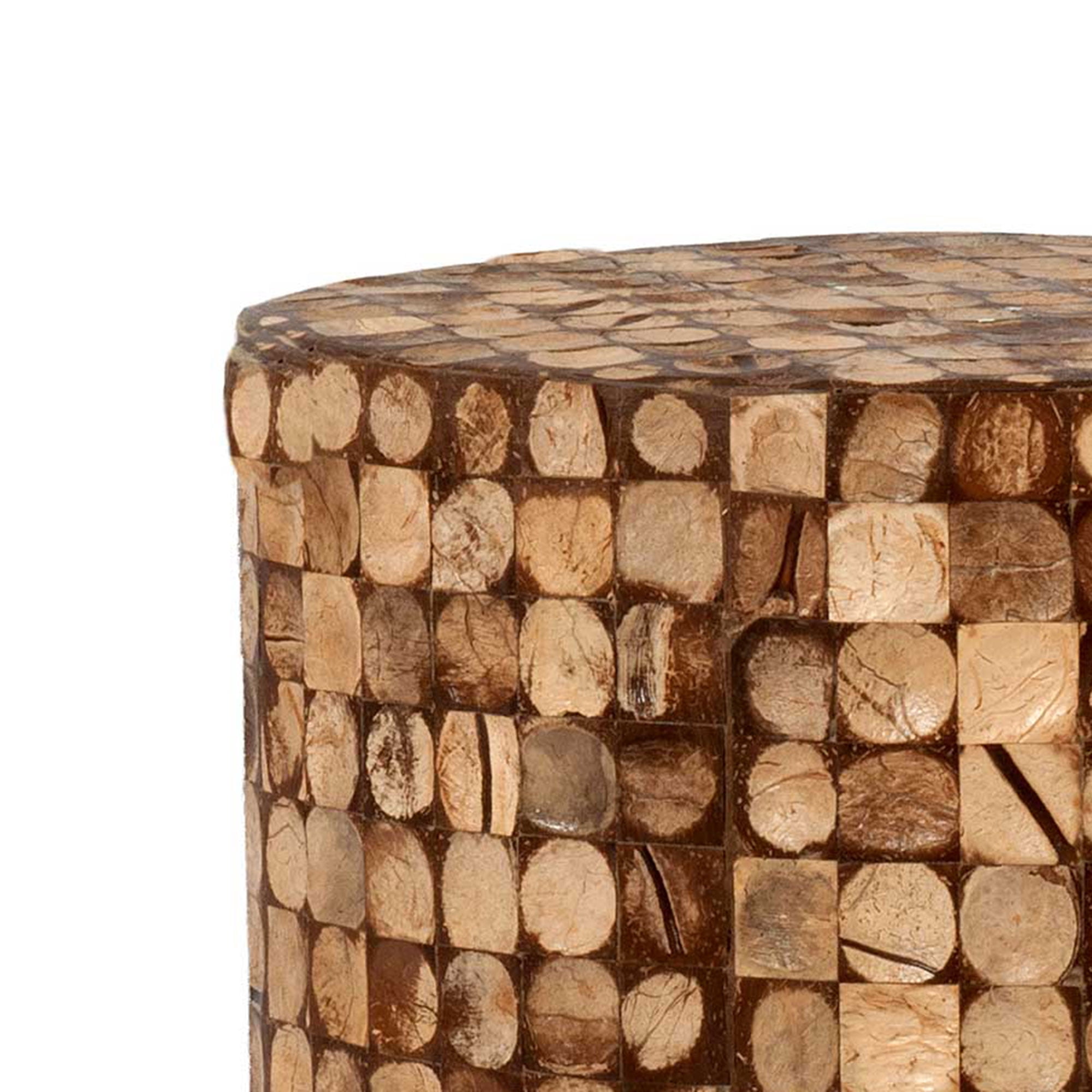 "East at Main Mila Round Natural Brown Distressed Coconut Shell Drum End Table, 16""Dia x 16.5""H"
