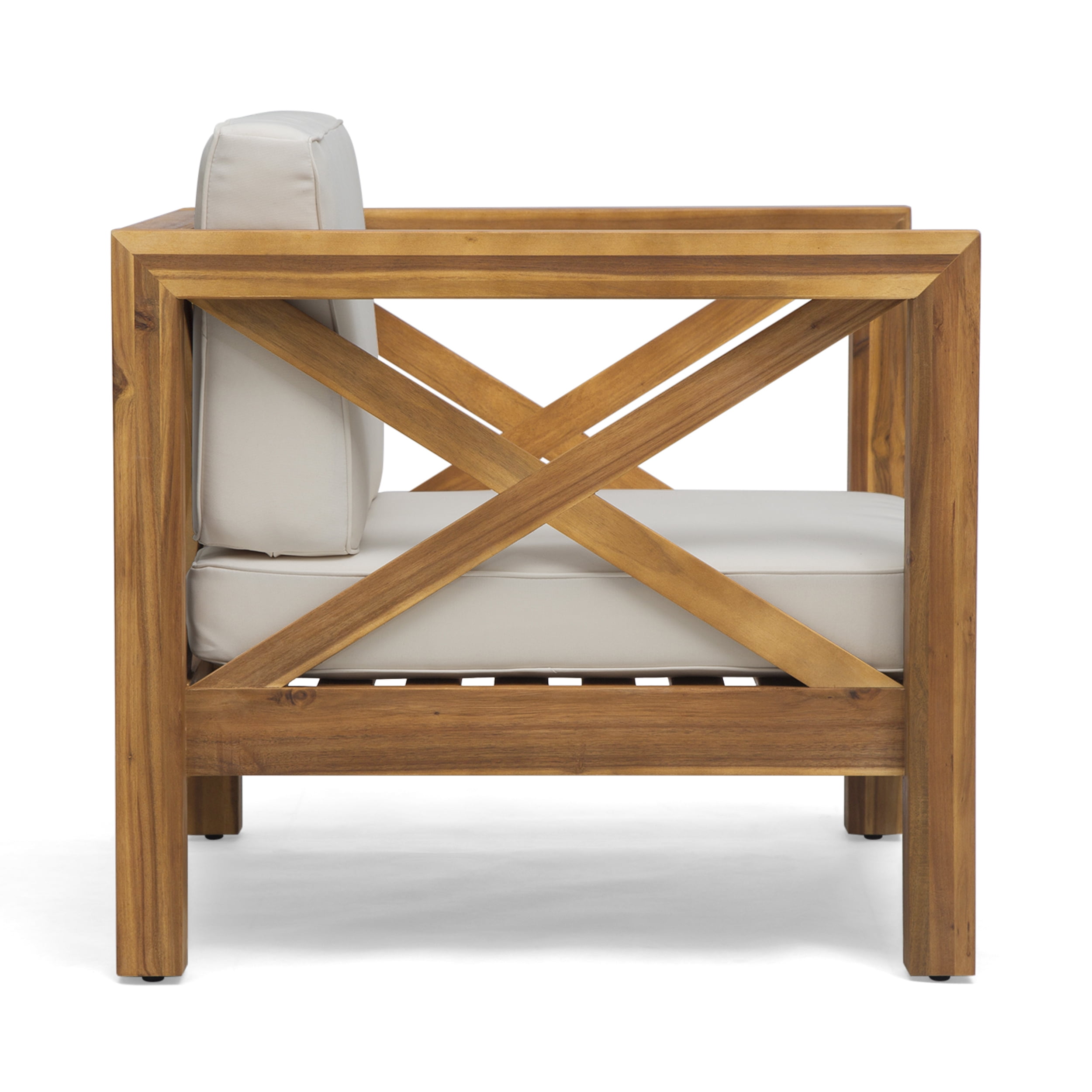Outdoor Single Leisure Seat Chair, Acacia Wood Frame Relaxing Seat for Patio Garden, Teak and Beige