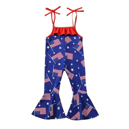 

4th of July Toddler Little Girls Casual Suspender Jumpsuit Independence Day Printed Ruffle Tie-up Long Romper