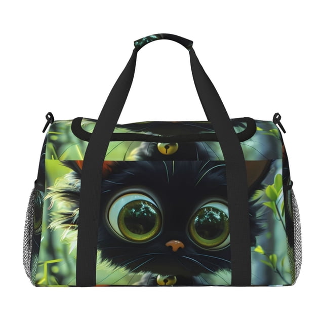Easygdp Cute Big-Eyed Black Cat Bolsa de Gimnasio, Bolsa de Viaje Duffel, Bolsa de Fin de Semana con Compartimentos, Bolsa de Mano para Noche