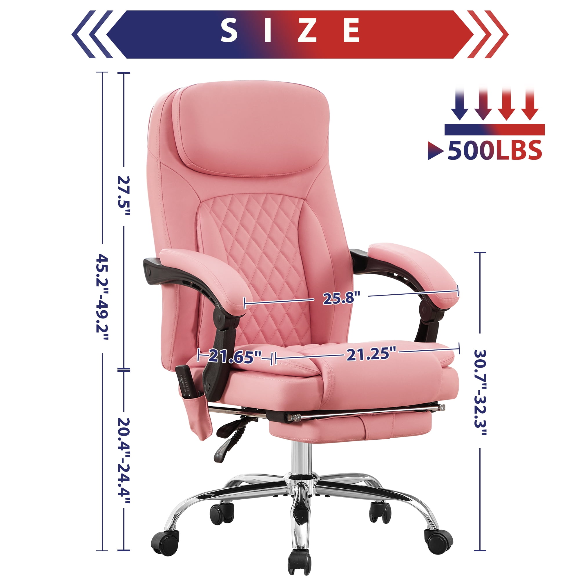 JONPONY Big and Tall Office Chair 500LBS Executive Office Chair Massage and Footrest Ergonomic Computer Desk Chair Reclining High Back Leather Office Chair Lumbar Back Support Swivel Rolling,Pink
