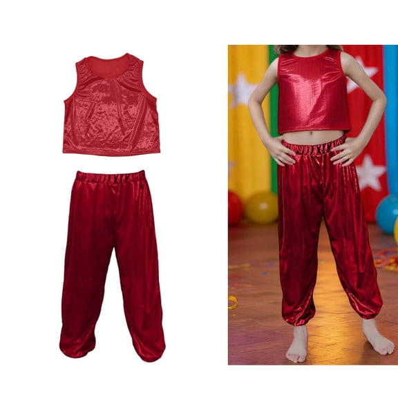 Teen Girls Dance Sequin Red Dance Sleeveless Tank Top and Pants Outfit Set Jazz Dance Street Dance Outerwear 12-13 Years