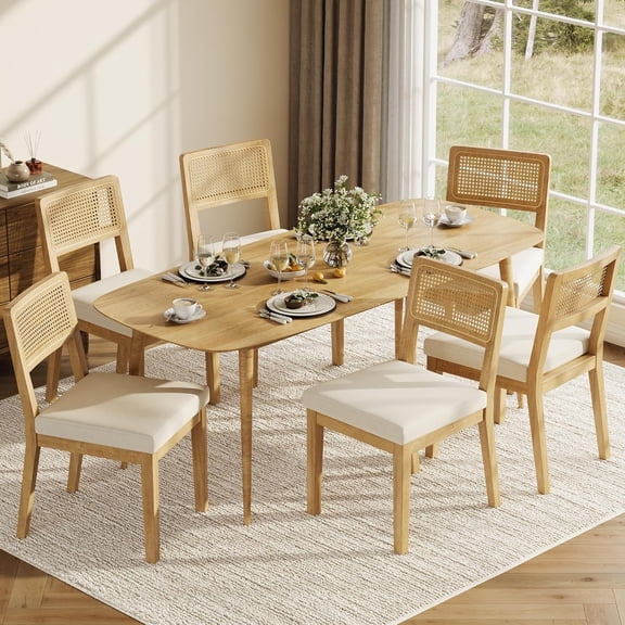 Rattan Dining Chairs Set of 6, French Country Upholstered Dining Chairs Wood Frame, Rattan Backrest, Armless Chair for Kitchen Restaurant Dining Room Bedroom, Linen, Natural