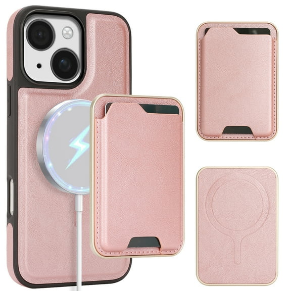 Compatible with iPhone 15 Wallet Case, Magnetic 2-in-1 Detachable Card Holder, Compatible with MagSafe, Vintage Leather RFID Blocking Flip Kickstand Case for Men Women,Rosegold