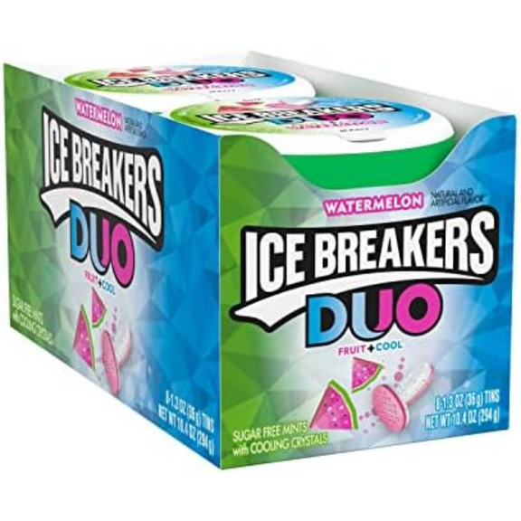ICE BREAKERS DUO WATERMELON Sugar Free Mints Tins, 1.5 Oz. 1 Pack (8 Count)