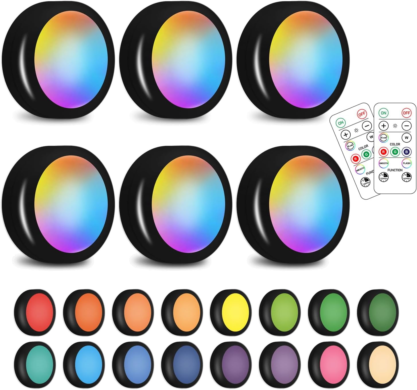RGHJAR-Wireless 16 Color Changing LED Puck Light 6 Pack LED Under Cabinet Lighting Closet Light Battery Powered Night Lights with Remote Control Dimmer & Timing Function