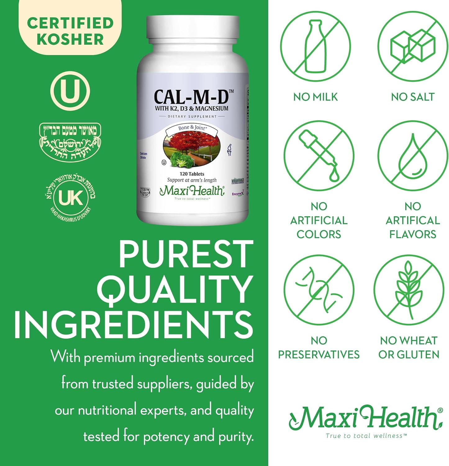 Maxi Health Cal-m-D Calcium, Vitamin K2 & D3 Supplement – Bone and Immune Support – 120 Tablets