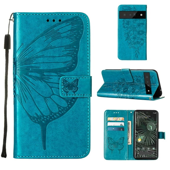 Pixel 6 Pro Wallet Case,Embossed Butterfly PU Leather Credit Card Holder Slots Full Body Protection Kickstand Flip Folio Shockproof TPU Phone Cover For Google Pixel 6 Pro,Blue