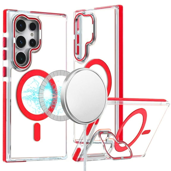 For Samsung Galaxy S25 /S25 Plus /S24 Plus Case, Hybrid Clear Back Case with Invisible Camera Bracket Stand, MagSafe Magnetic Circle, Shockproof Color Frame Phone Cover (Red)