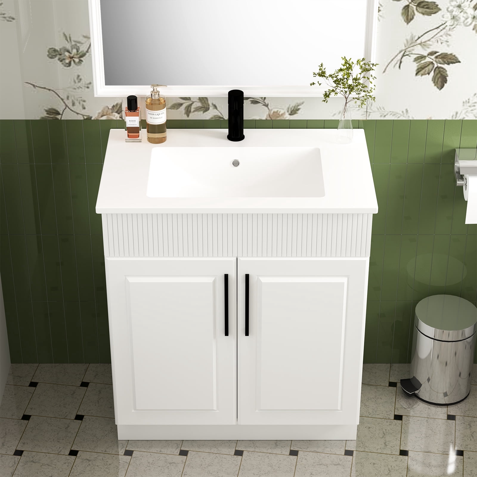 DodreHome 30" Bathroom Vanity with Sink, Freestanding Modern Cabinet with 2 Soft-Closing Doors, Wave-Pattern Fluted Design, White