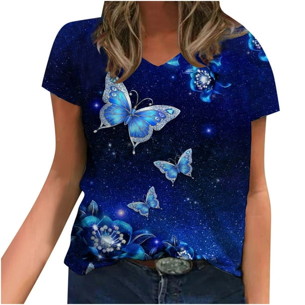 Blusa de camiseta informal con estampado de manga corta y cuello en V de verano para mujer a la moda Fridja bn5805