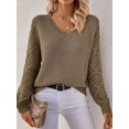 thumbnail image 6 of Women V Neck Knit Hollow Openwork Lantern Long Sleeve Ribbed Cuff Loose Fit Knit Pullover Sweater Pickled Vegetable XL, 6 of 8