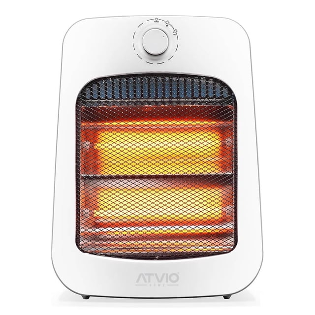 calefactor atvio de piso de cuarzo blanco, vista frontal centrada de calefactor portátil blanco con rejilla metálica y dos barras incandescentes visibles, perilla superior para seleccionar dos niveles de calefacción (800W), logotipo Atvio en la base y pies antideslizantes; suele usarse para calentar rápidamente espacios pequeños del hogar.