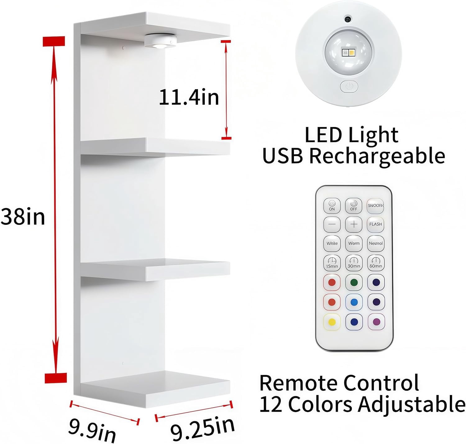 4 Tier Wall Shelf Unit White Floating Shelves with LED Lights, Versatile Organizer for Home Decor Books