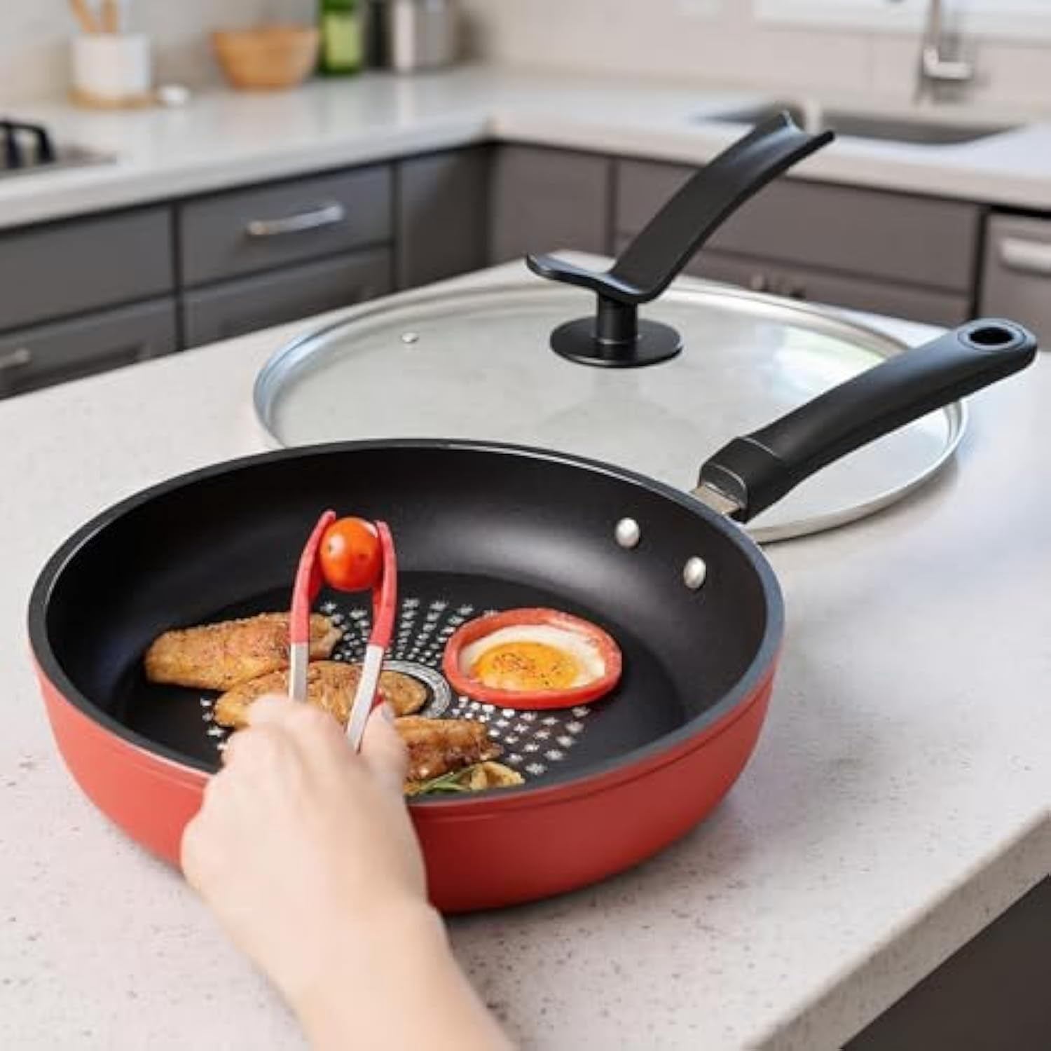 Non Stick Frying Pans - Induction Nonstick Frying Pan With Lid | Deep Non-Stick Cooking Pans | Ergonomic Cooking Skillet | 26cm Kitchen Tool For Breakfast Pancake Dinner Steak Snacks