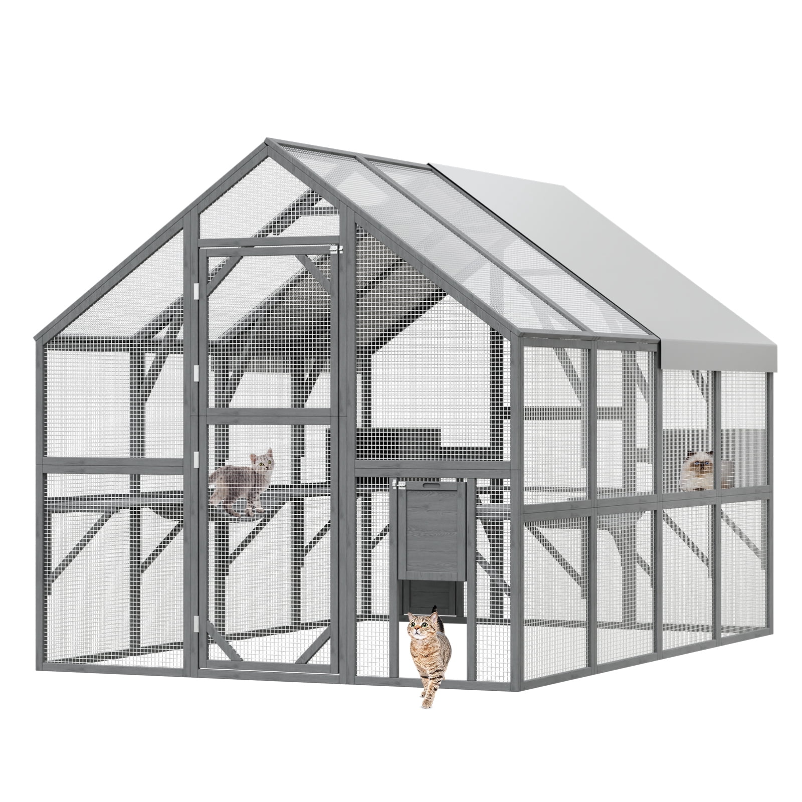 NARTRU 57.2ft² Large Wooden Outdoor Cat House, Cat Run Enclosure Walk in Cat Catio Cage with Enter Door, 2 Cat Doors, Roof Cover