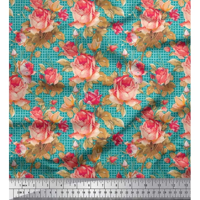 Soimoi Modal Satin Fabric Check,Leaves & Rose Floral Decor Fabric Printed Yard 42 Inch Wide