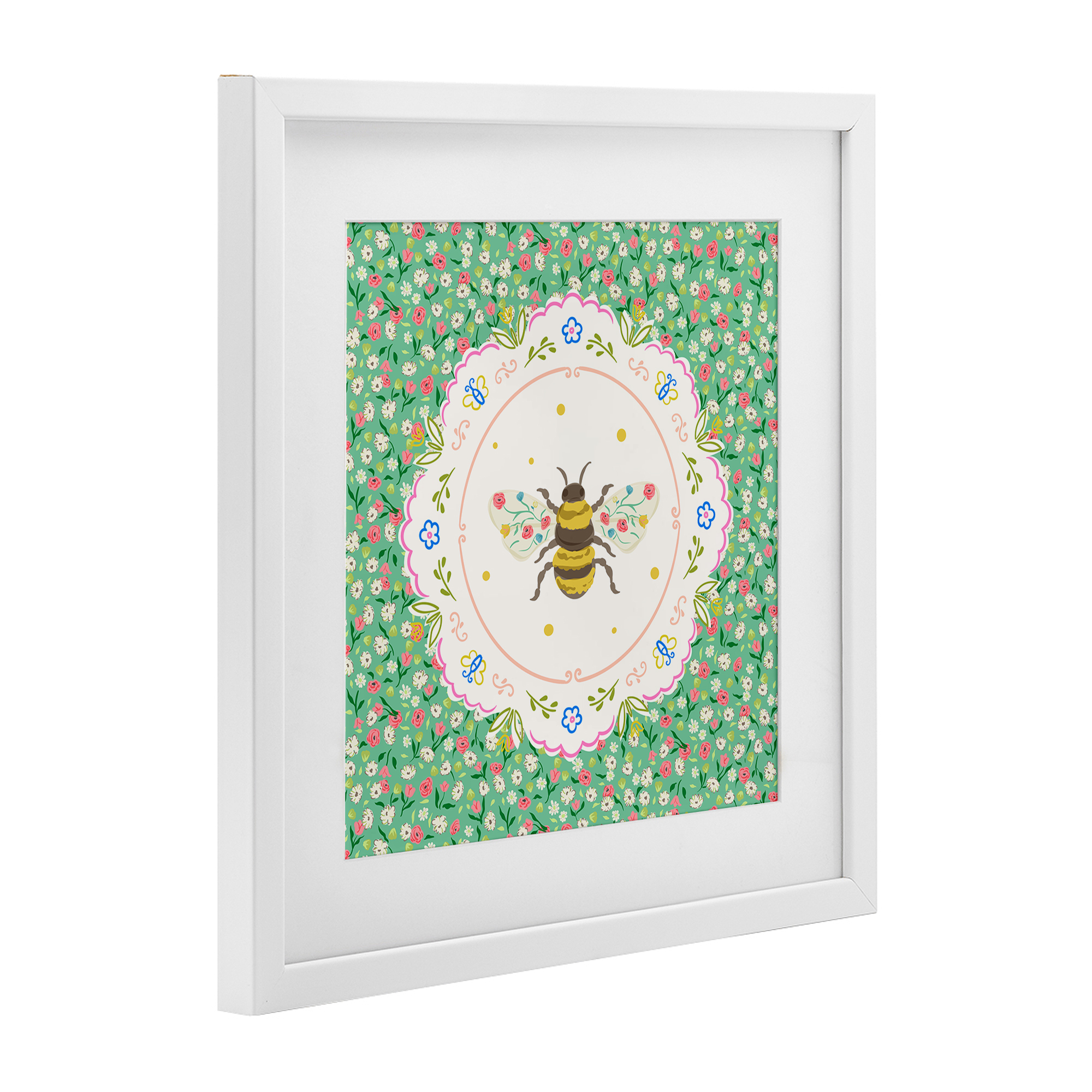 Spring Bee Delicate Florals White Framed Print Under Glass, design by Angela Steahling