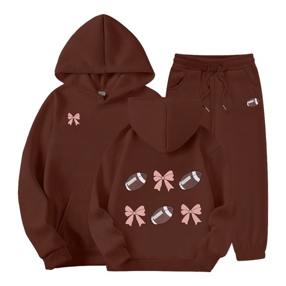 CPNG Girls 2 Piece Outfits Football Bow Print Long Sleeve Hoodie with Matching Jogger Pants Kids Loose Casual Sweatsuit Set