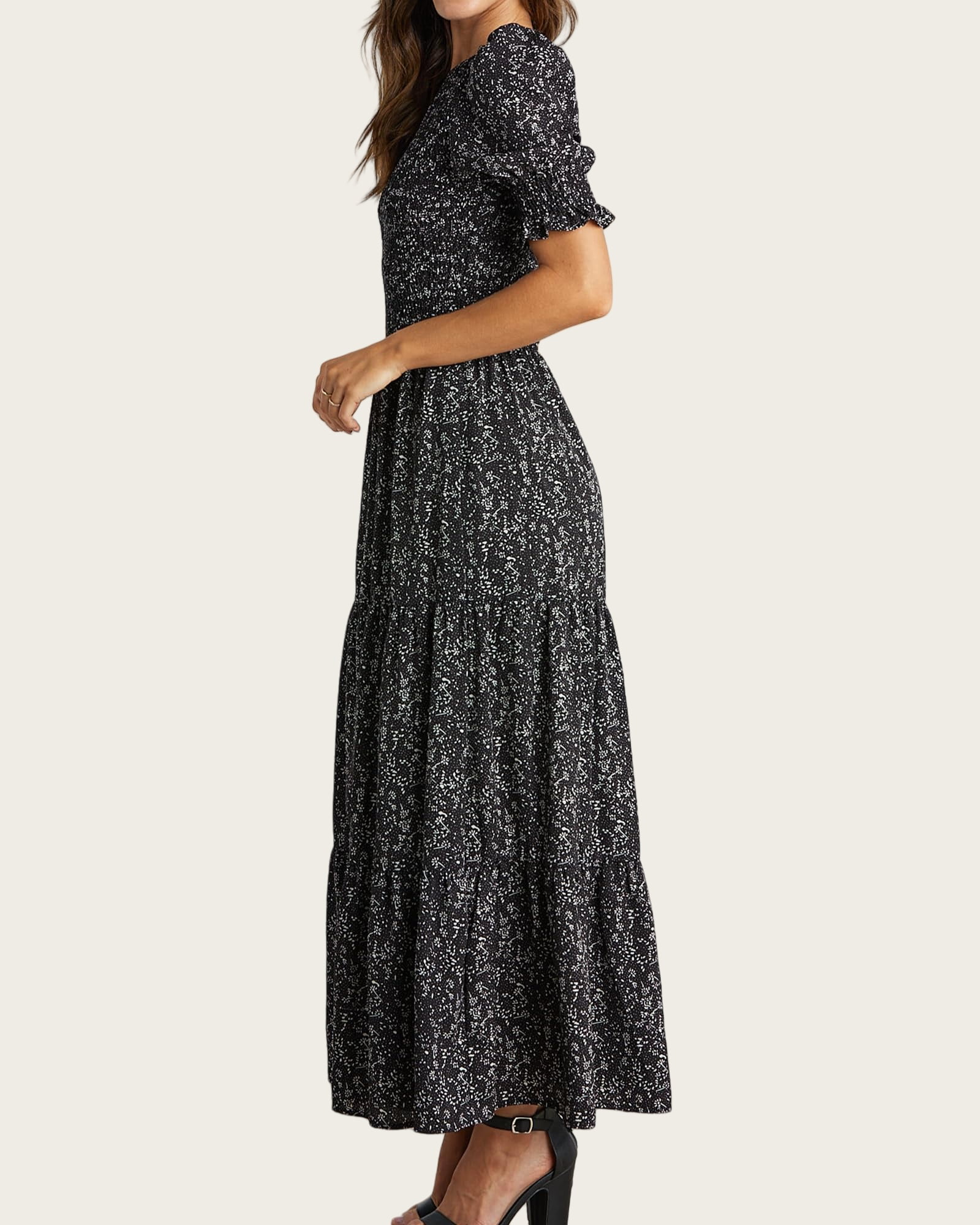 FreshPretty Women Casual Summer Dresses Spring Crew Neck Ruffle Short Sleeve Floral Print Smocked Boho Flowy Maxi Dress