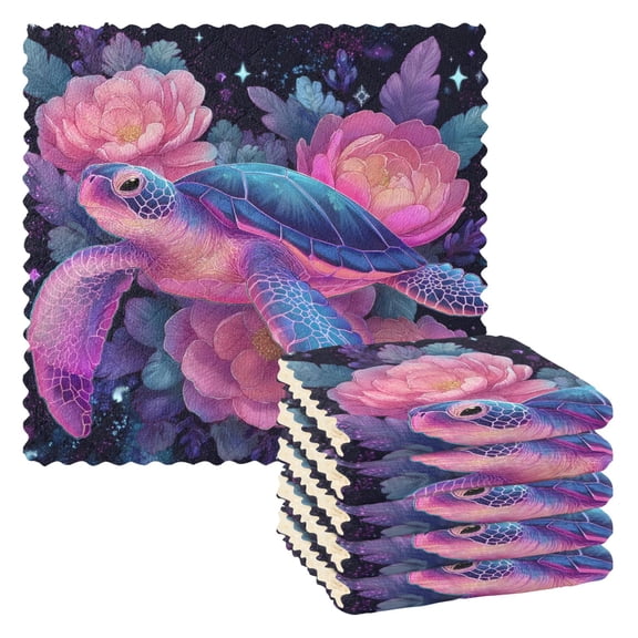 6 Pieces of Kitchen Towels 11x11Inch Kitchen Dish Cloths Kitchen Dish Towels Reuseable Cleaning Cloths Purple Beautiful Turtle