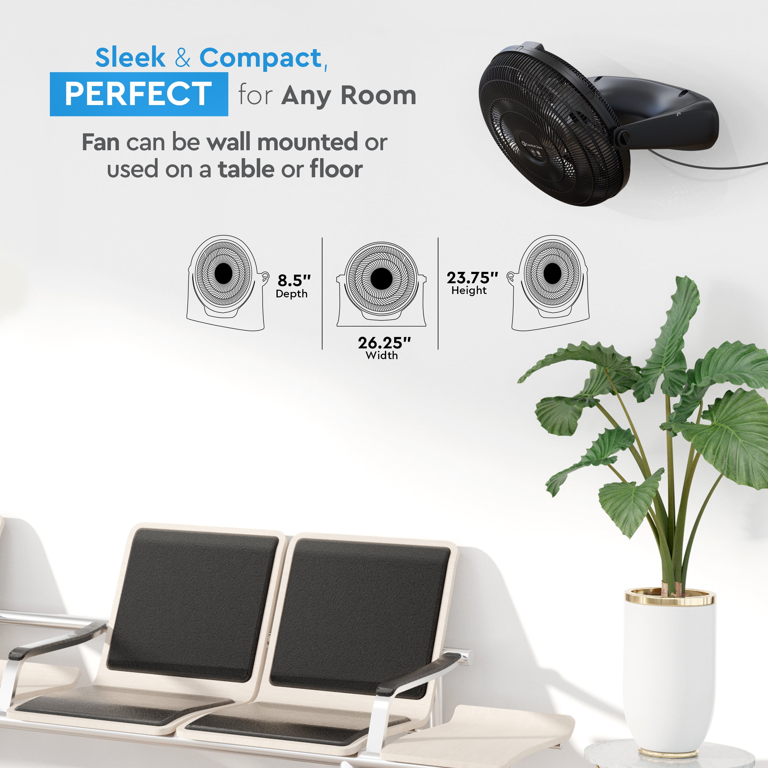 Comfort Zone 20" High Velocity Floor Fan with Wall-Mounting Capabilities, Black
