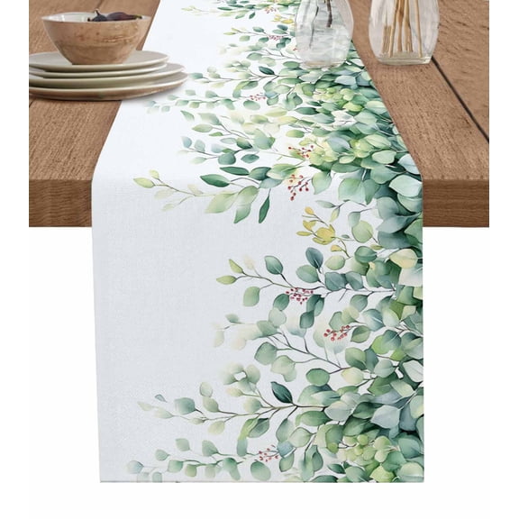 Table Runner 90 Inches Long for Kitchen Dining, Eucalyptus Leaves Dresser Scarf Farmhouse, Dining Table Decorations for Wedding/Parties, Spring Summer Watercolor Botanical 13 x 90 In