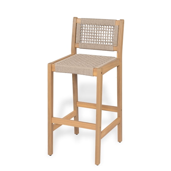 Christopher Knight Home 30.5" Wood Outdoor Bar Stool with Beige Woven Rope Seat and Back, Set of 2