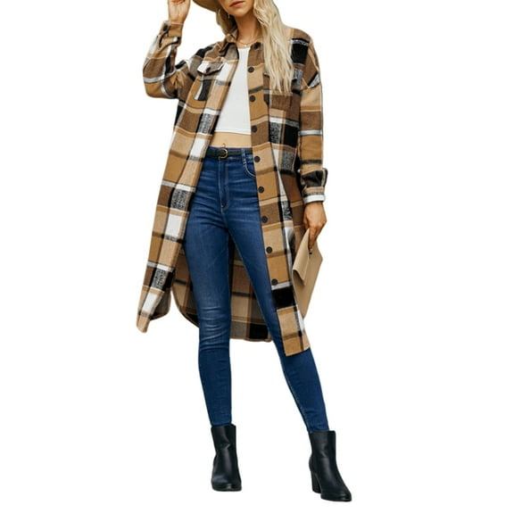 Women Fall Flannel Plaid Long Sleeves Jacket Oversized Button Down Long Shirt Jacket Caramel Color S