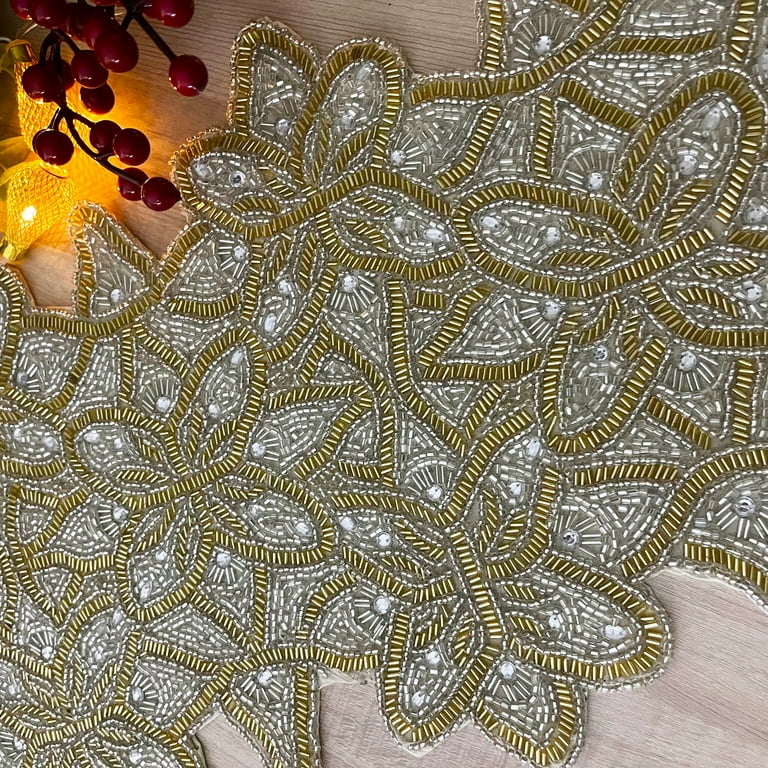 Handmade table runner, beaded table runner, gold and clear silver