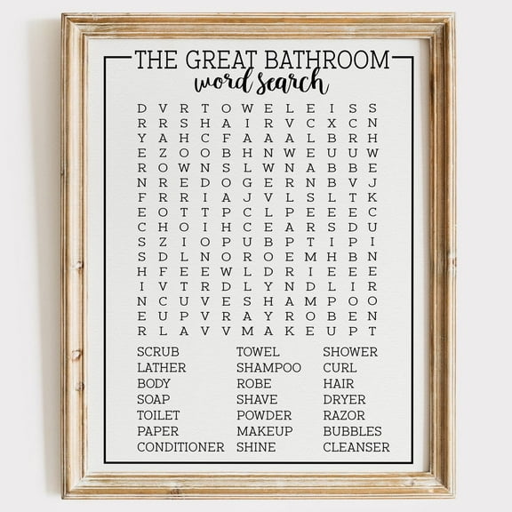 Bathroom Word Search Art Print Unique And Fun Wall Dã©Cor For Restroom Or Guest Bathroom UNFRAMED Poster, Wall Art for Decor, Present, 8x12