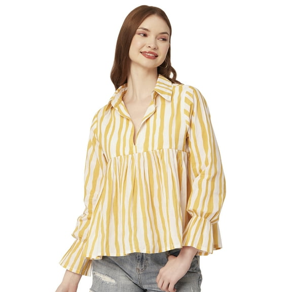 Moomaya Printed Pleated Tops For Women, Long Sleeves Summer Top, Designer Collar Shirt