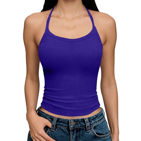 Eagokdc Women Tank Tops Round Neck Backless Sleeveless Fitted Spaghetti Strap Cami Sports Soft Tops Size S-2XL