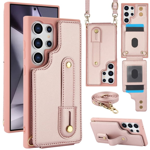 Tianyeda Crossbody Wallet Phone Case for Samsung Galaxy S25 Ultra, PU Leather Case Back with Card Slot Magnetic Clasp Kickstand wrist holder RosePink