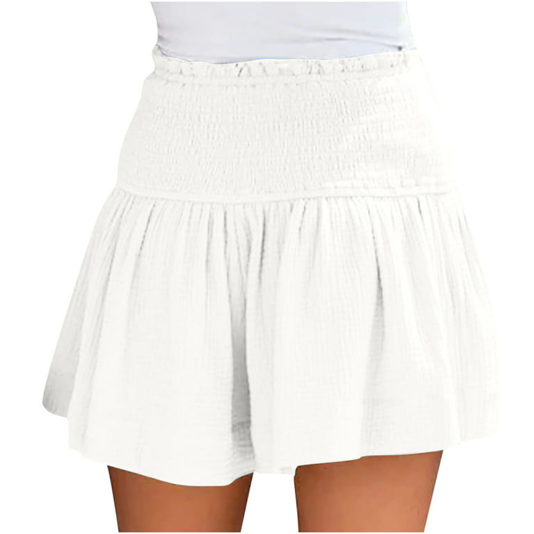 Clearance RYRJJ Womens Shorts Casual Flowy Smocked High Elastic Waisted  Pleated Ruffle Cotton Cute Shorts Wide Leg Beach Shorts(White,S) 