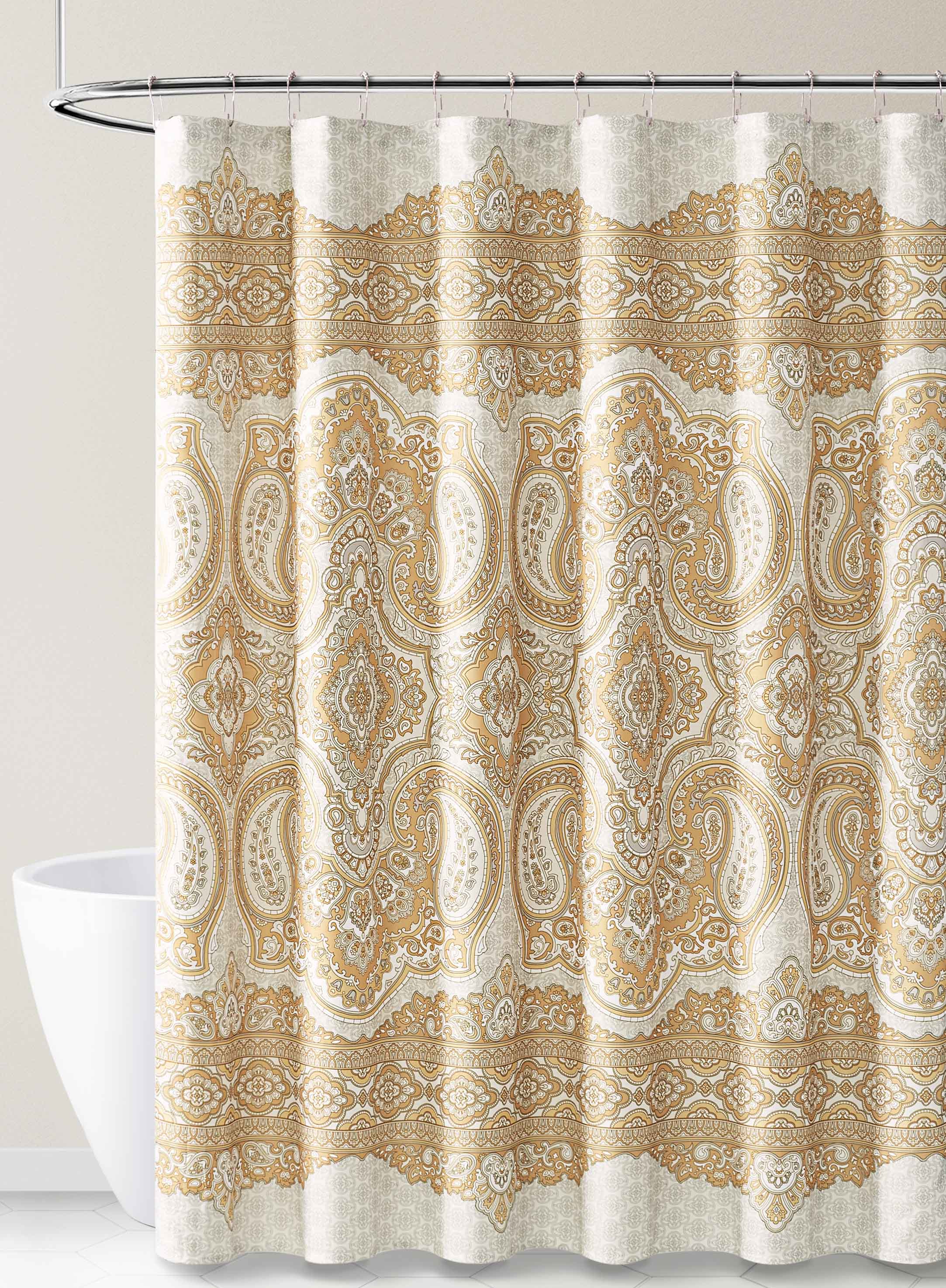 Bohemian Style Fabric Shower Curtain for Bathroom in Gold Taupe Gray White 72IN x72INGold