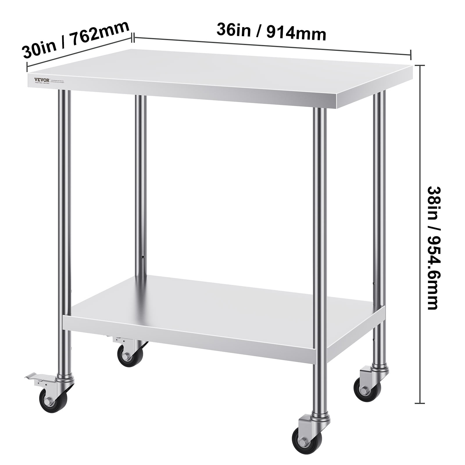 VEVOR Stainless Steel Work Table 30 x 18 x 38 Inch, with 4 Wheels, 3 Adjustable Height Levels, Heavy Duty Food Prep Worktable for Commercial Kitchen Restaurant, Silver