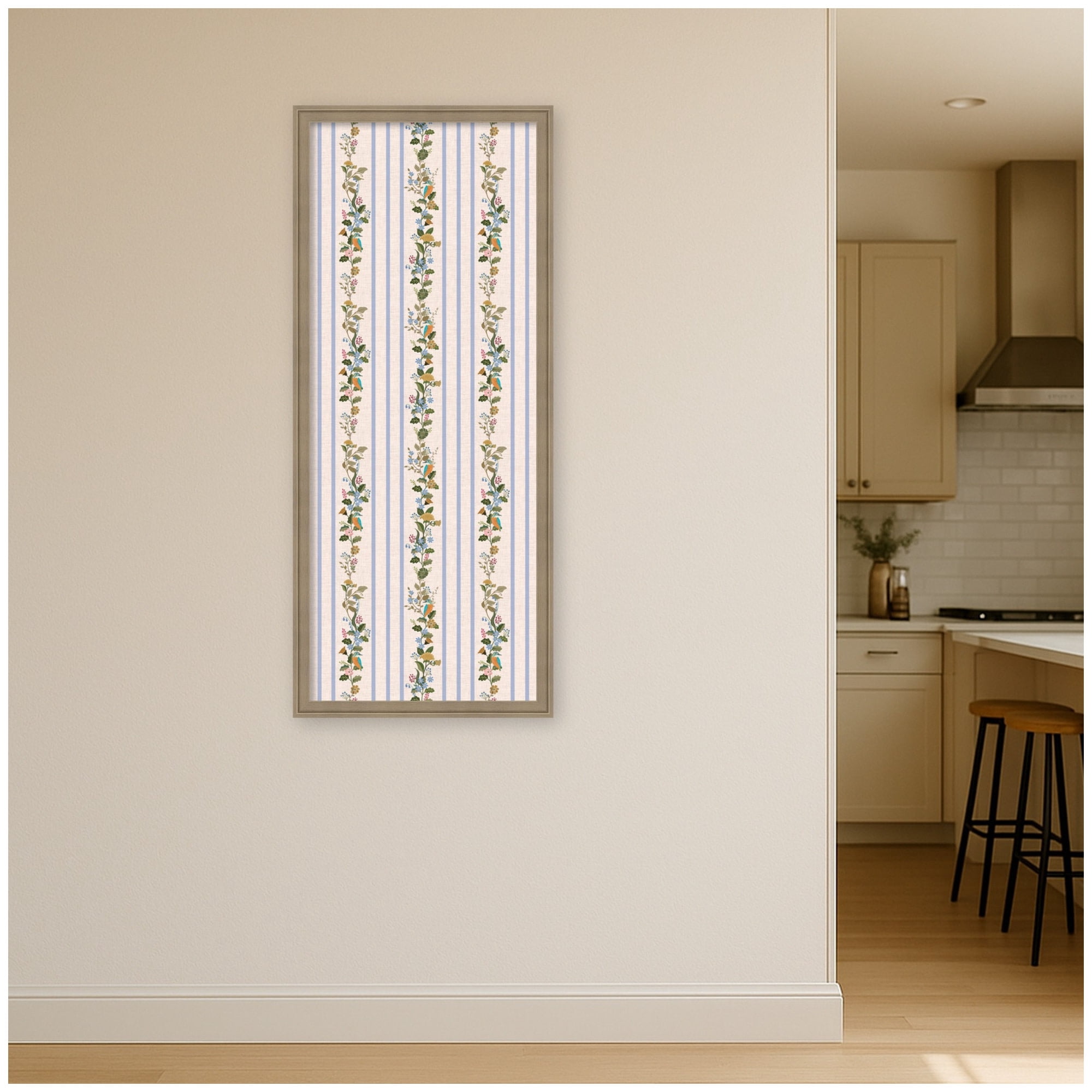 Kate and Laurel Framed Fabric Pinboard 18 x 42, MC Striped Botanical Birds Singing Printed Linen Casual Transitional Bulletin Board for Vision Board or Wall Organization, Florence Light Brown