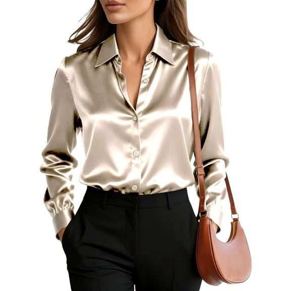 Deago Satin Blouses for Women Silk Button Down Shirts Long Sleeve Work Shirt Dressy Business Casual Fall Tops (Champagne, S)